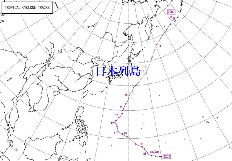 台風1号2022年の経路図