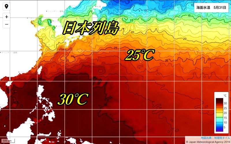 気象庁5月31日の海面水温実況図
