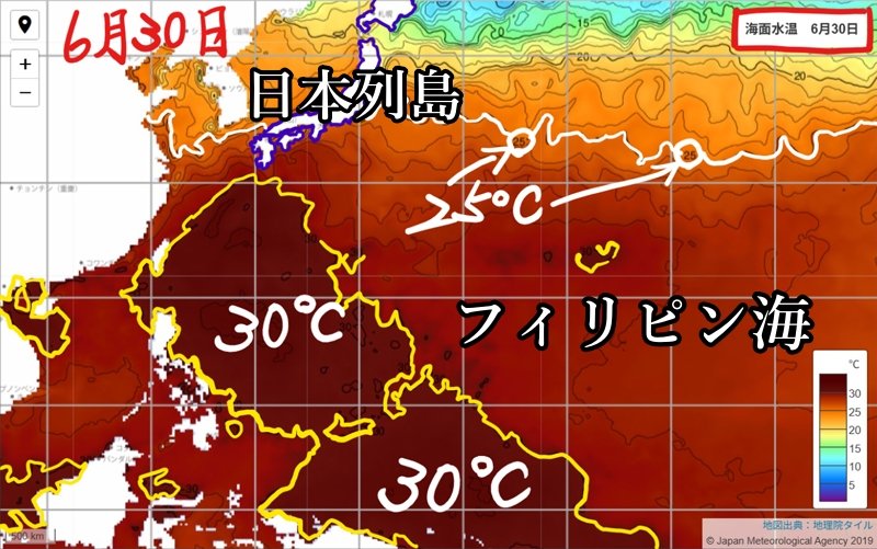 気象庁2025年6月30日の海面水温実況図MAX30℃
