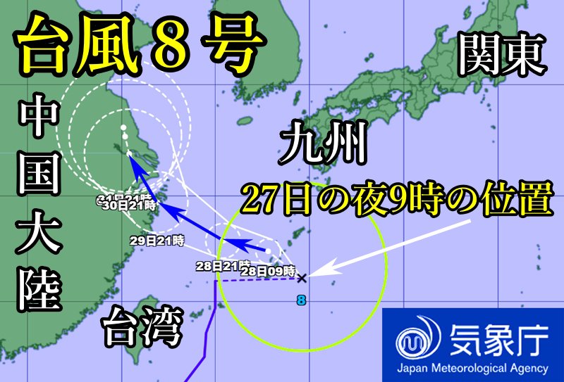 熱帯低気圧から再び台風へ発達した気象庁の8号の経路図