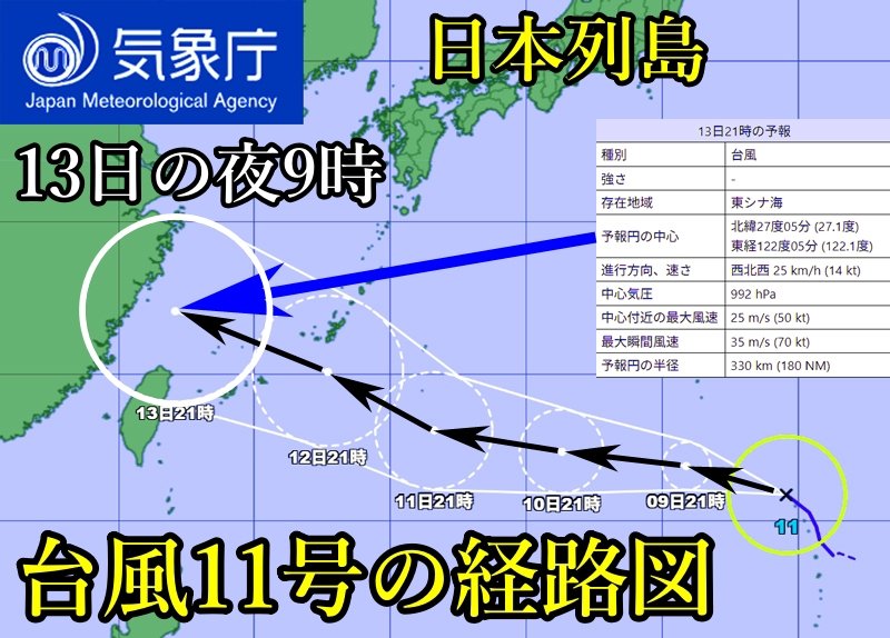 気象庁による2025年8月8日の夜9時の台風11号の経路図